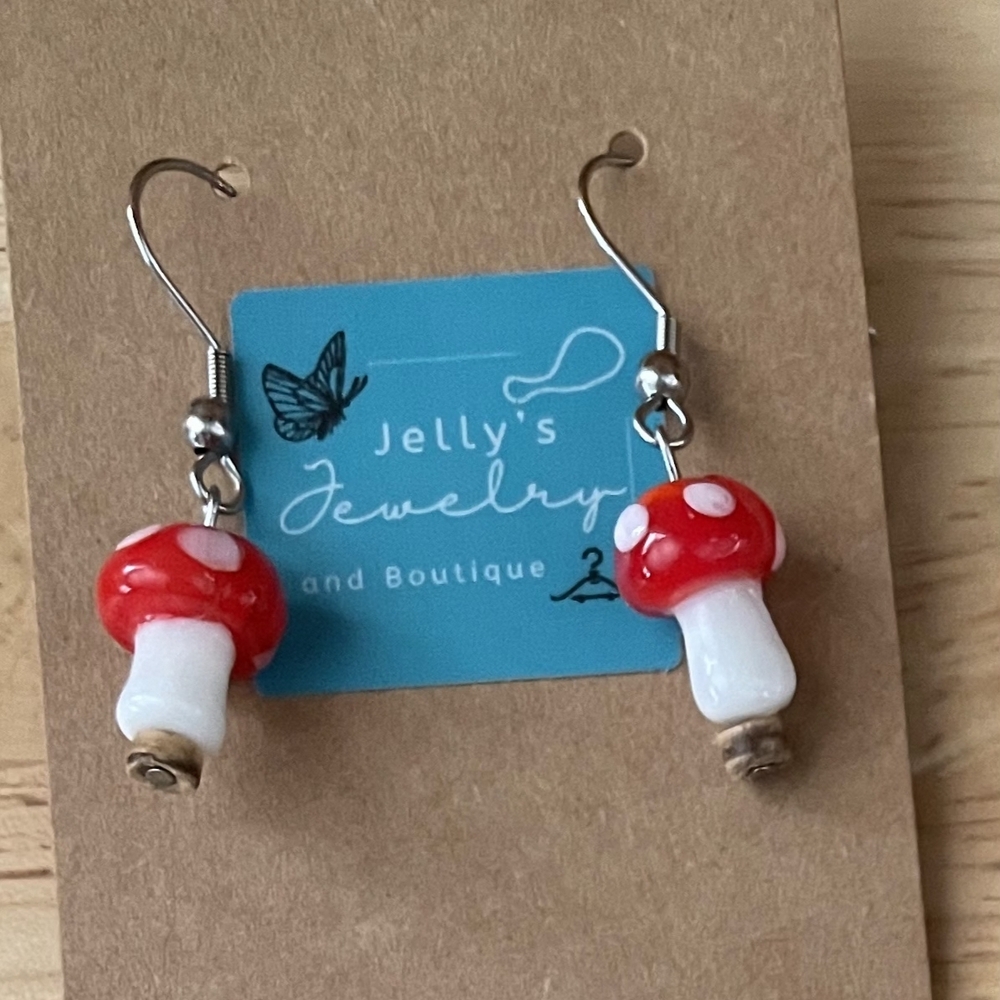 Jelly's Jewelry and Boutique Red and White Mushroom Earrings With Coconut Bead